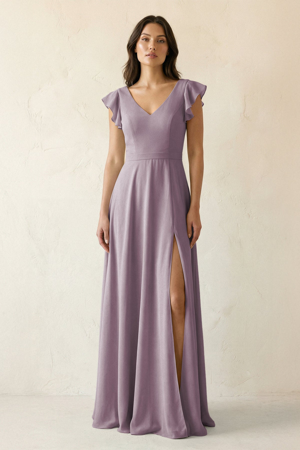 V-Neck Ruffled A-Line Chiffon Bridesmaid Dress in Dusk