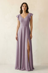 Dusk V-Neck Ruffled A-Line Chiffon Bridesmaid Dress | KISSBRIDAL