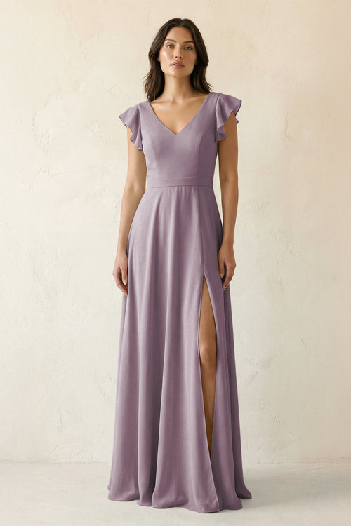 Dusk V-Neck Ruffled A-Line Chiffon Bridesmaid Dress | KISSBRIDAL