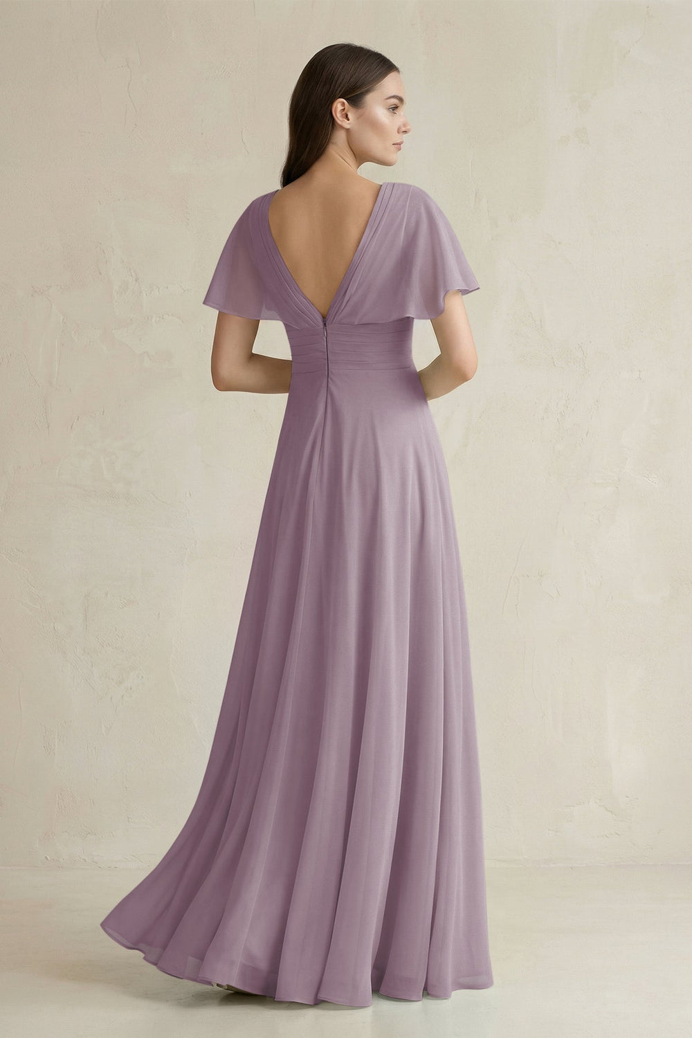 V-Neck Ruffled Sleeve A-Line Chiffon Bridesmaid Dress in Dusk