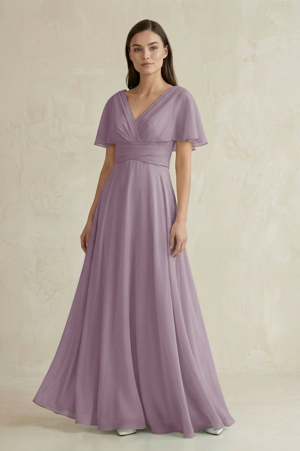 V-Neck Ruffled Sleeve A-Line Chiffon Bridesmaid Dress in Dusk