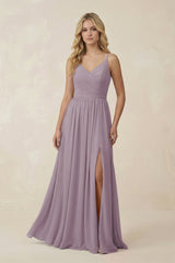 Dusk V-Neck Spaghetti Strap A-Line Chiffon Bridesmaid Dress | KISSBRIDAL