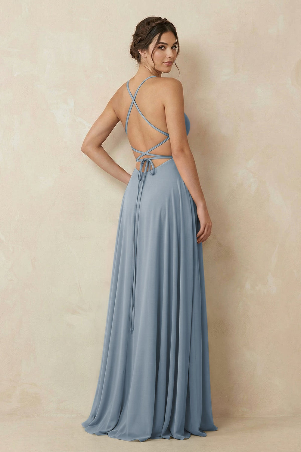A-Line Chiffon Bridesmaid Dress With Slit in Dusty Blue