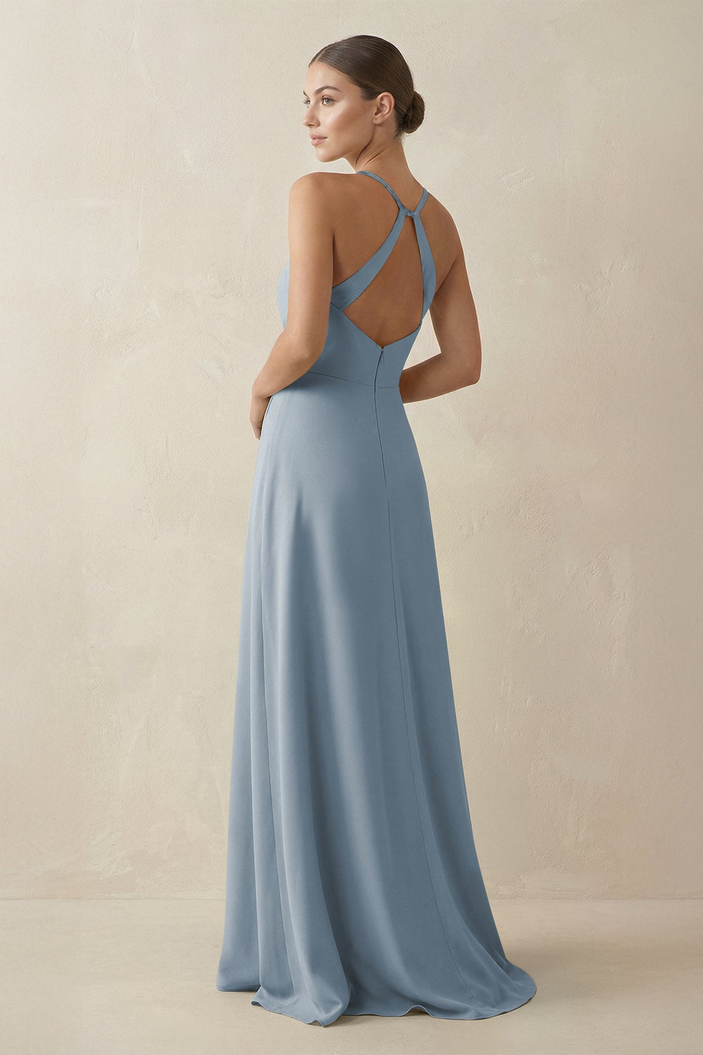 A-Line Chiffon Long Bridesmaid Dress With Slit in Dusty Blue