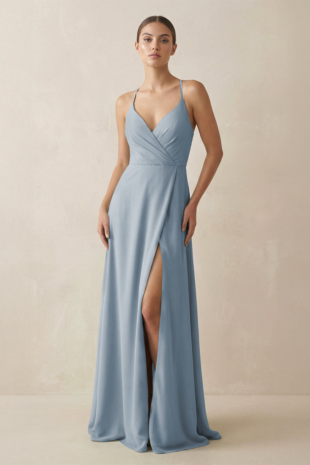 A-Line Chiffon Long Bridesmaid Dress With Slit in Dusty Blue