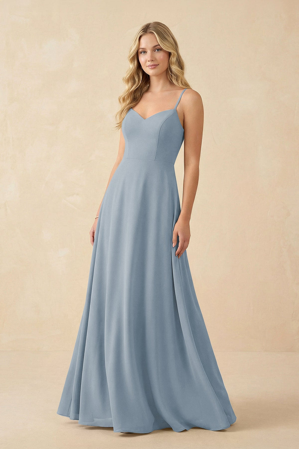 A-Line Chiffon Spaghetti Strap Bridesmaid Dress in Dusty Blue