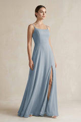 Dusty Blue A-Line Chiffon Spaghetti Strap Bridesmaid Dress | KISSBRIDAL