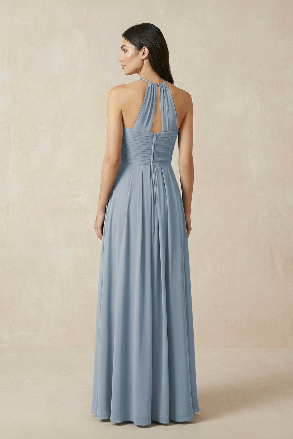 A-Line Halter Neck Pleated Chiffon Bridesmaid Dress in Dusty Blue