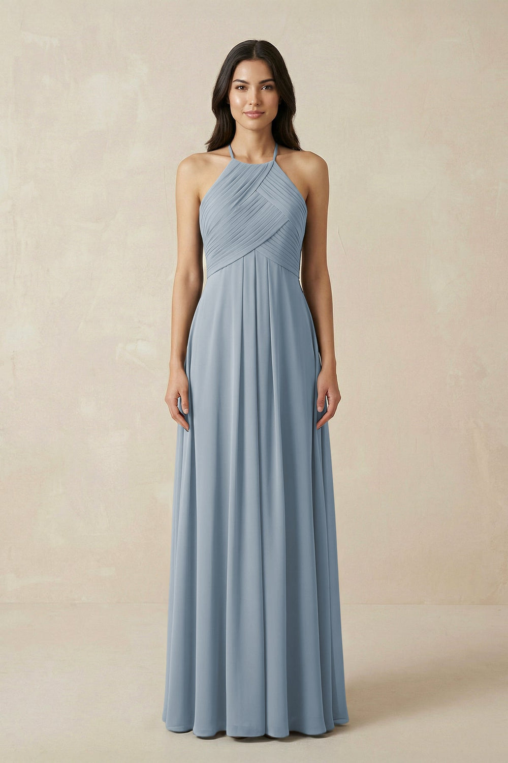 A-Line Halter Neck Pleated Chiffon Bridesmaid Dress in Dusty Blue