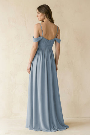 Dusty Blue A-Line Off-the-Shoulder Pleated Chiffon Bridesmaid Dress (2) | KISSBRIDAL