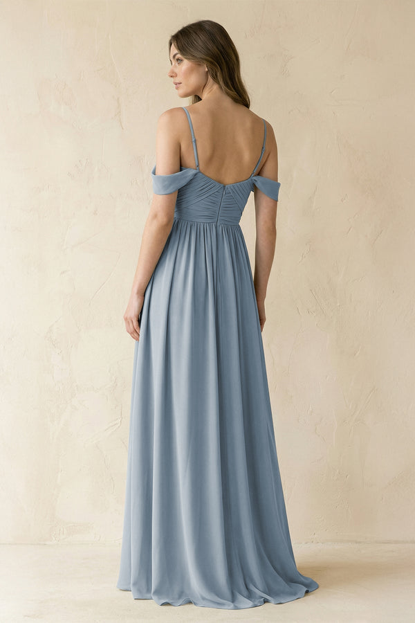 Dusty Blue A-Line Off-the-Shoulder Pleated Chiffon Bridesmaid Dress (2) | KISSBRIDAL