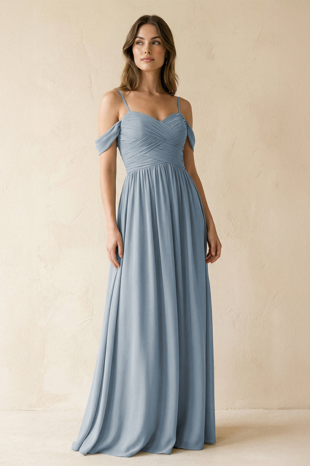 A-Line Off-the-Shoulder Pleated Chiffon Bridesmaid Dress in Dusty Blue