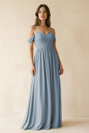 Dusty Blue A-Line Off-the-Shoulder Pleated Chiffon Bridesmaid Dress | KISSBRIDAL