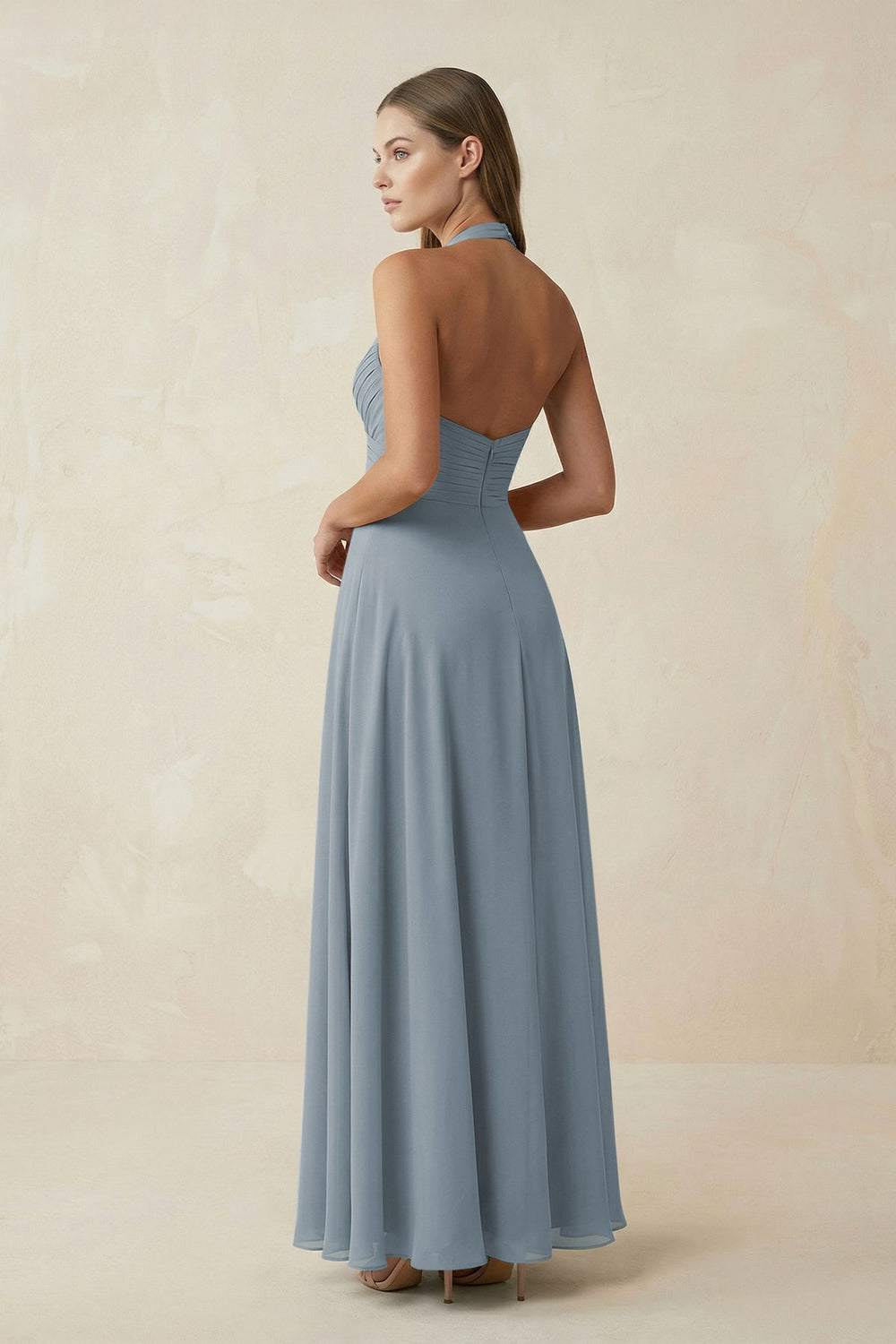 A-Line Pleated Chiffon V-Neck Bridesmaid Dress in Dusty Blue