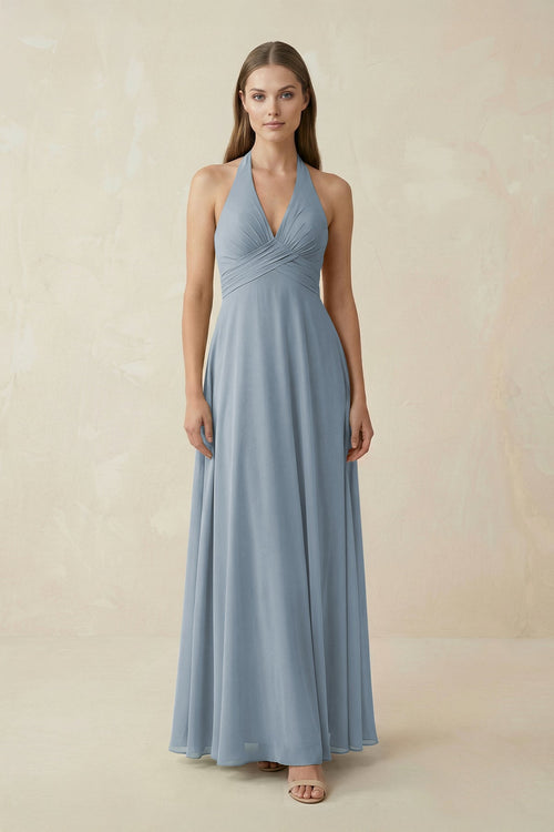 Dusty Blue A-Line Pleated Chiffon V-Neck Bridesmaid Dress | KISSBRIDAL