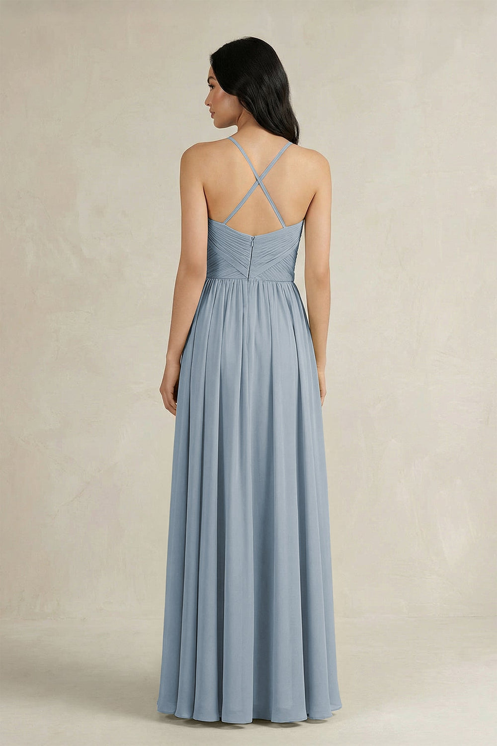 A-Line Pleated Spaghetti Strap Chiffon Bridesmaid Dress in Dusty Blue