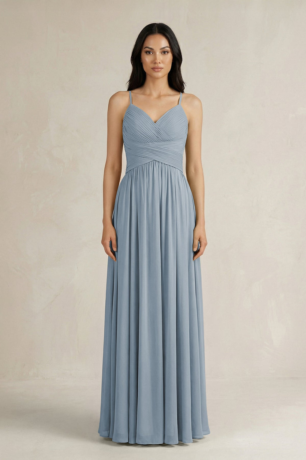 A-Line Pleated Spaghetti Strap Chiffon Bridesmaid Dress in Dusty Blue