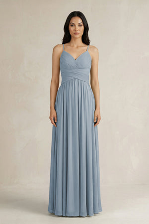 Dusty Blue A-Line Pleated Spaghetti Strap Chiffon Bridesmaid Dress | KISSBRIDAL
