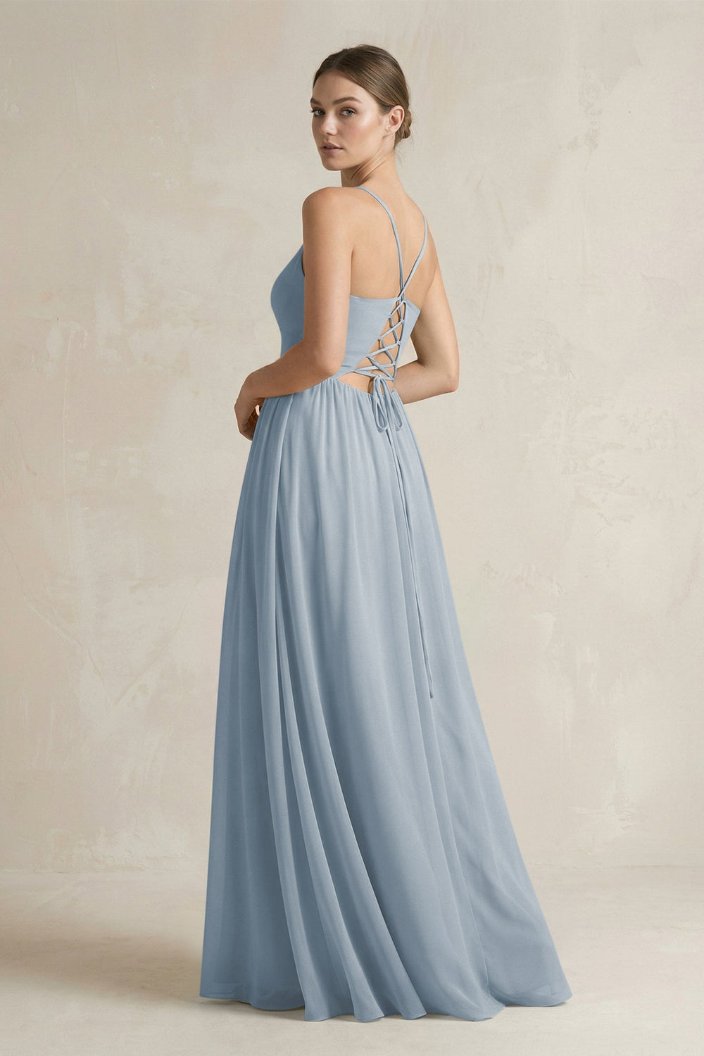 A-Line Spaghetti Strap Chiffon Bridesmaid Dress in Dusty Blue