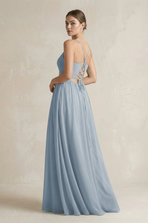 Dusty Blue A-Line Spaghetti Strap Chiffon Bridesmaid Dress (2) | KISSBRIDAL