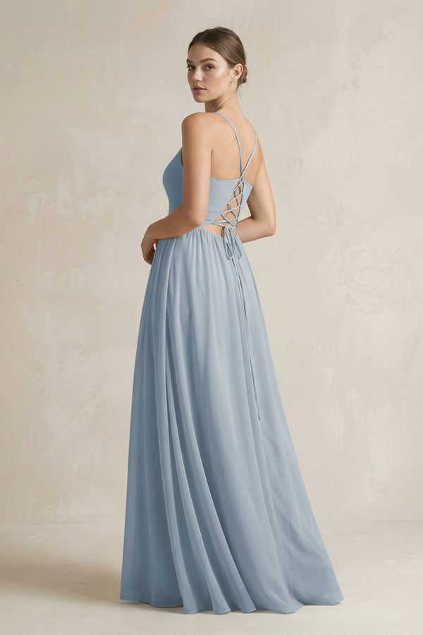 Dusty Blue A-Line Spaghetti Strap Chiffon Bridesmaid Dress (2) | KISSBRIDAL