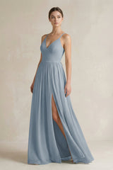 Dusty Blue A-Line Spaghetti Strap Chiffon Bridesmaid Dress | KISSBRIDAL
