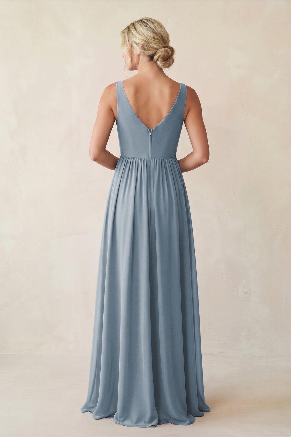 A-Line V-Neck Pleated Chiffon Bridesmaid Dress in Dusty Blue