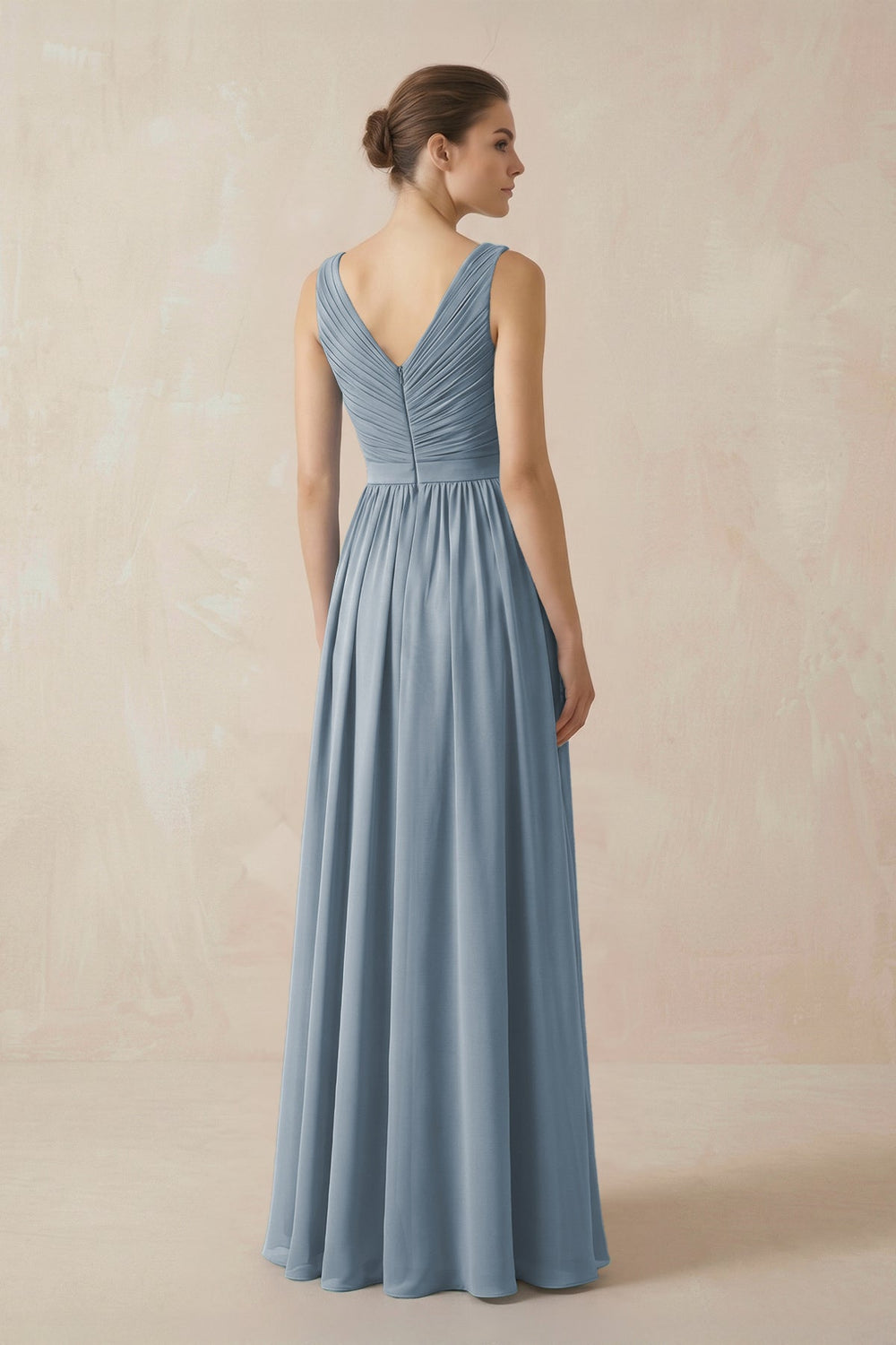 A-Line V-Neck Pleated Chiffon Bridesmaid Dress in Dusty Blue