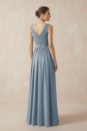 Dusty Blue A-Line V-Neck Pleated Chiffon Bridesmaid Dress (2) | KISSBRIDAL