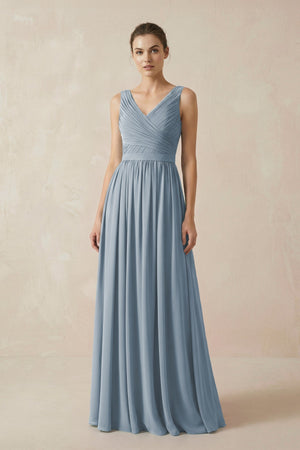 Dusty Blue A-Line V-Neck Pleated Chiffon Bridesmaid Dress | KISSBRIDAL