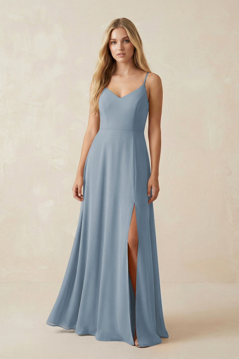 Cami Strap A-Line Chiffon Bridesmaid Dress with Slit in Dusty Blue