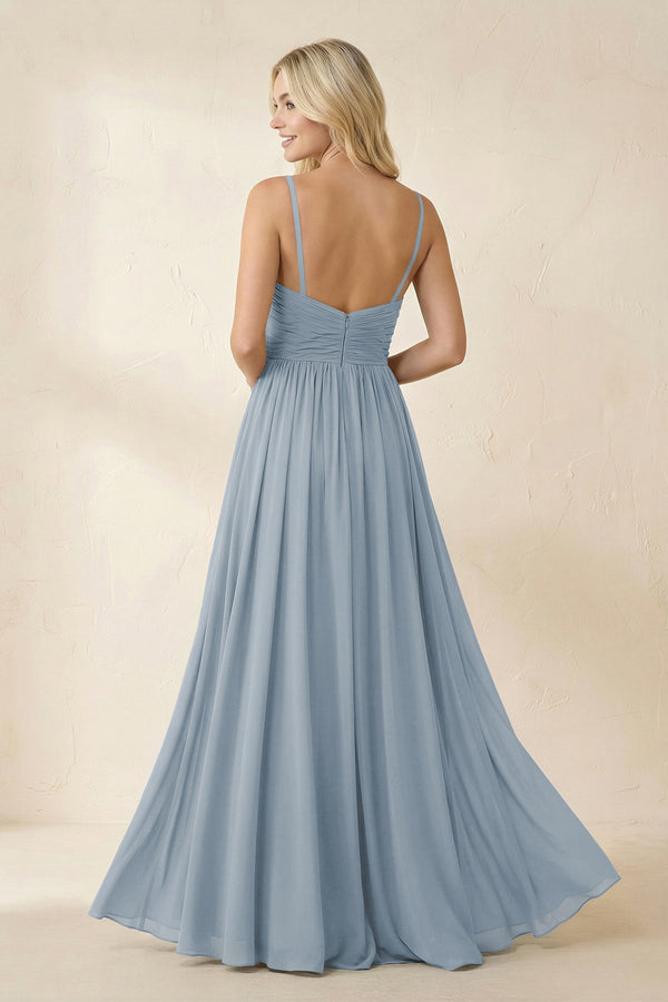 Dusty Blue Cami Strap Chiffon A-Line Bridesmaid Dress with Slit (2) | KISSBRIDAL