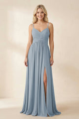 Dusty Blue Cami Strap Chiffon A-Line Bridesmaid Dress with Slit | KISSBRIDAL
