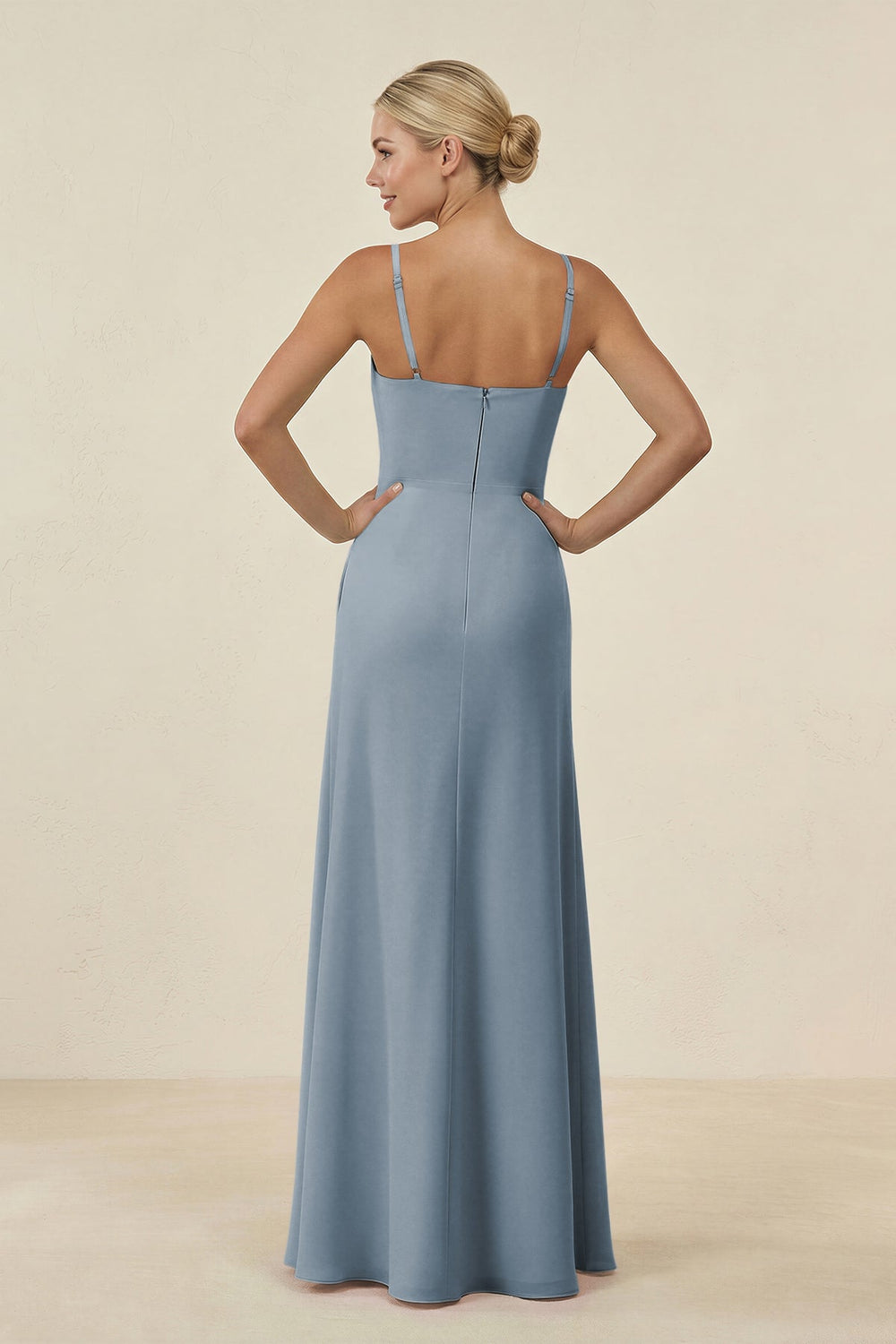 Cami Strap Chiffon Sheath Bridesmaid Gown in Dusty Blue