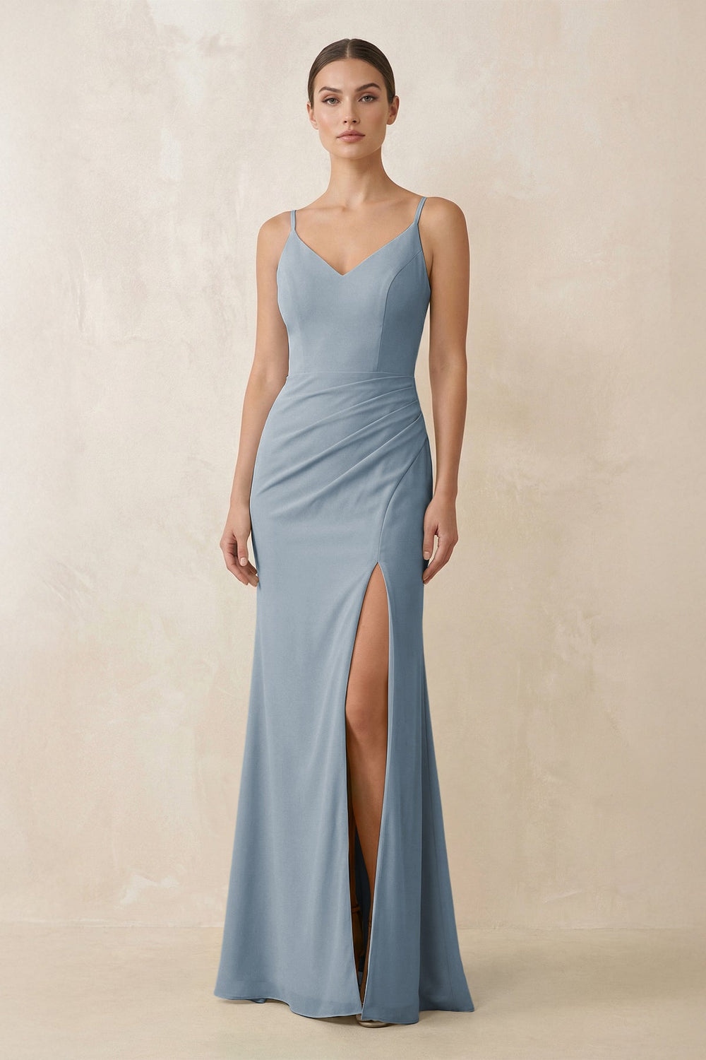 Cami Strap Chiffon Sheath Bridesmaid Gown in Dusty Blue
