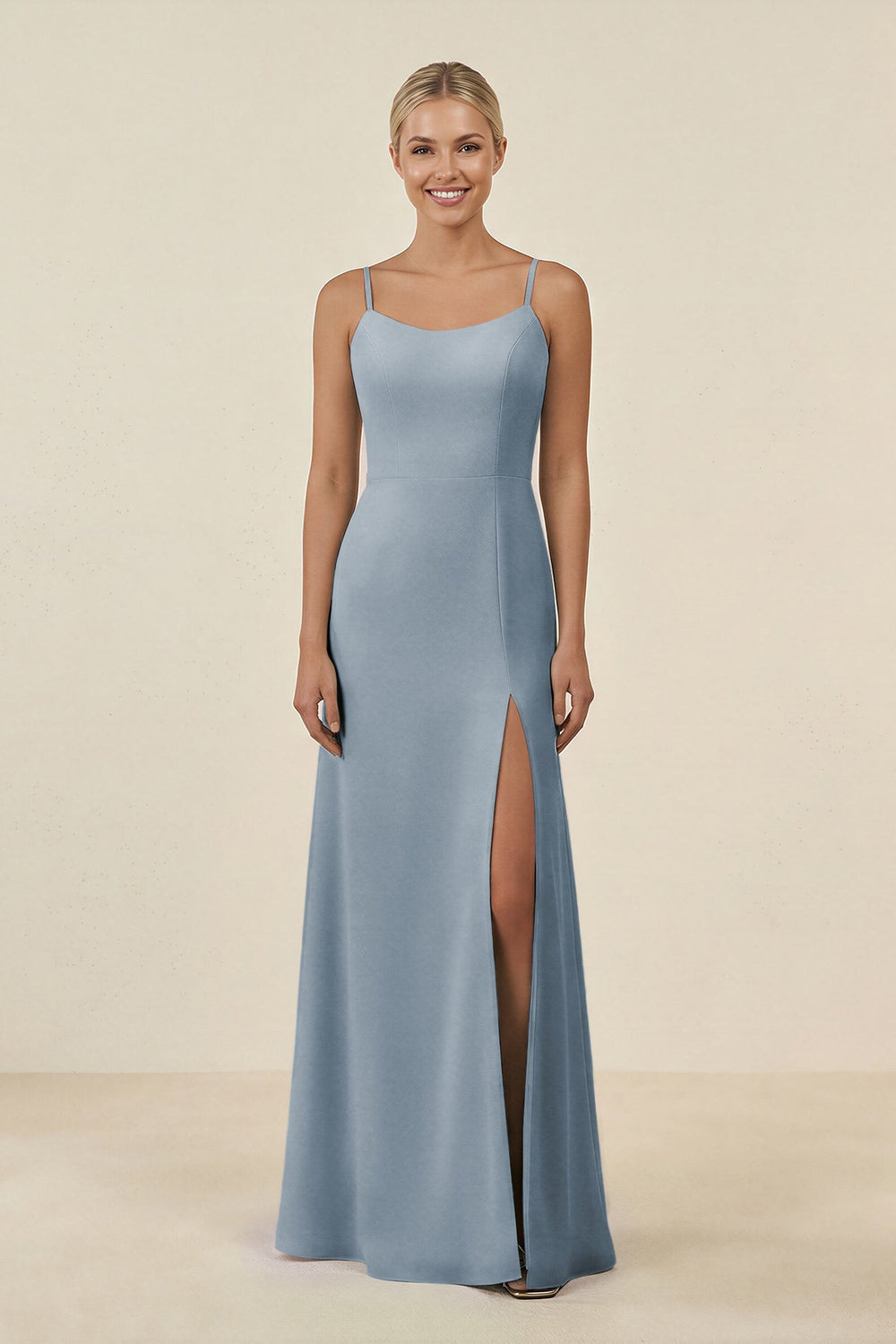 Cami Strap Chiffon Sheath Bridesmaid Gown in Dusty Blue