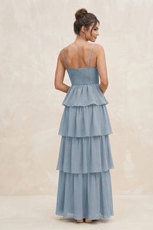 Dusty Blue Cami Strap Tiered A-Line Chiffon Bridesmaid Dress (2) | KISSBRIDAL