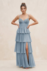 Dusty Blue Cami Strap Tiered A-Line Chiffon Bridesmaid Dress | KISSBRIDAL