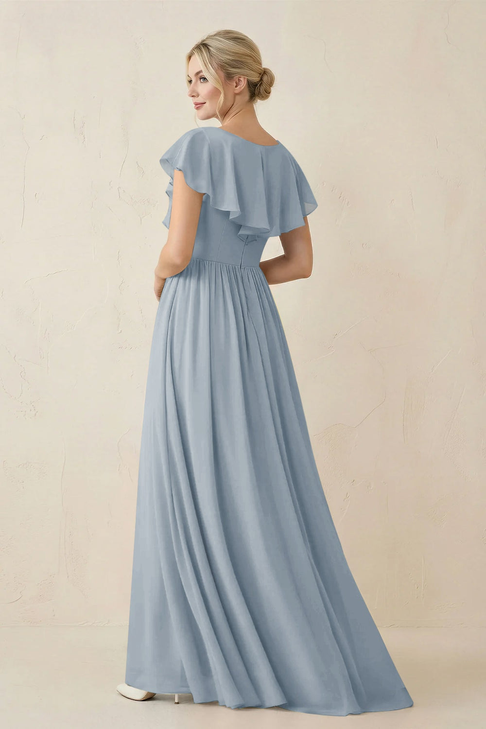 Cap Sleeve A-Line Ruffled Chiffon Bridesmaid Dress in Dusty Blue