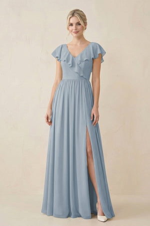 Dusty Blue Cap Sleeve A-Line Ruffled Chiffon Bridesmaid Dress | KISSBRIDAL