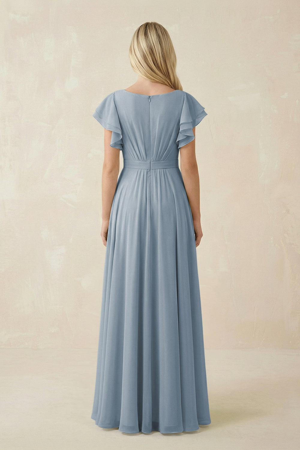 Cap Sleeve Ruffled A-Line Chiffon Bridesmaid Dress in Dusty Blue