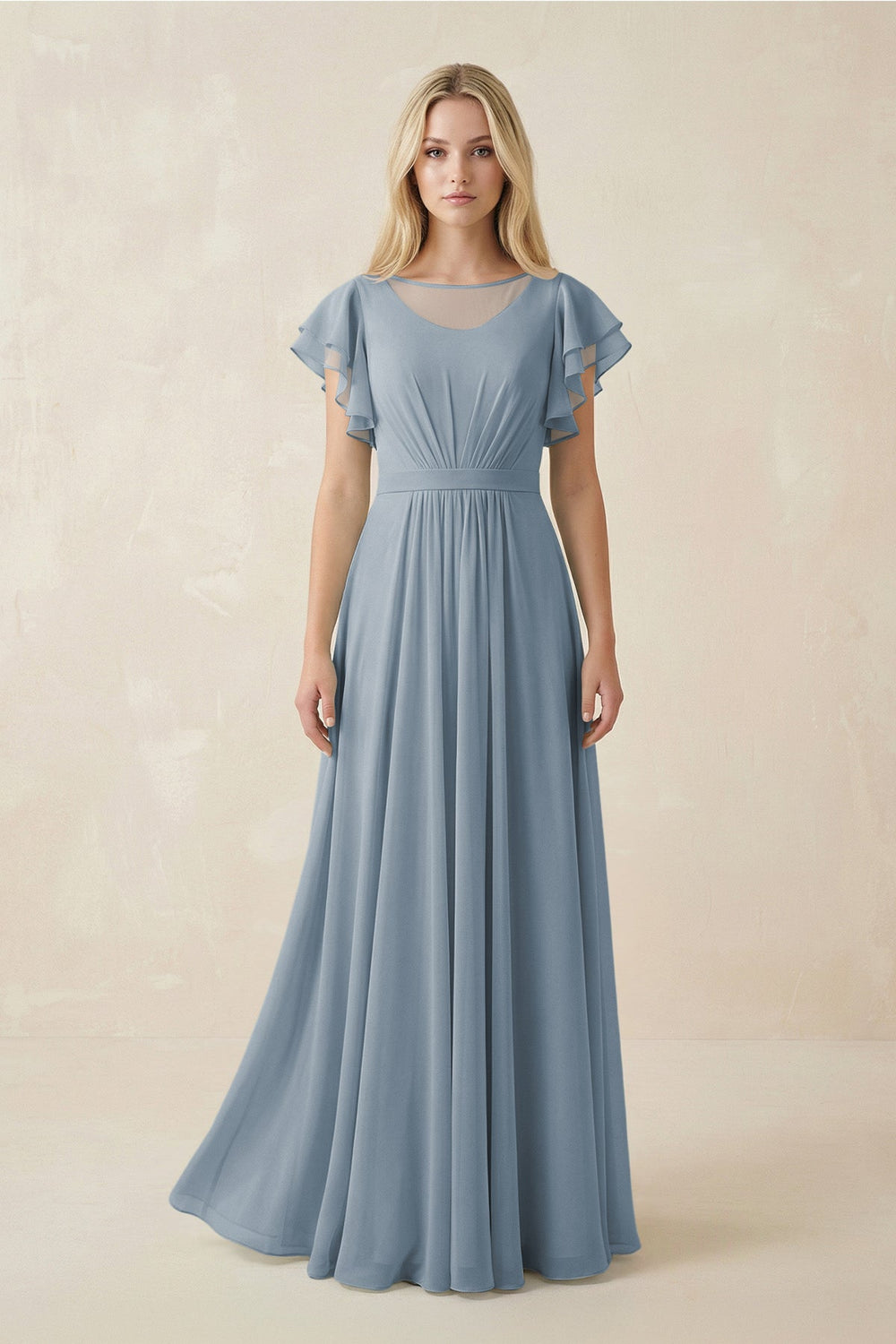 Cap Sleeve Ruffled A-Line Chiffon Bridesmaid Dress in Dusty Blue