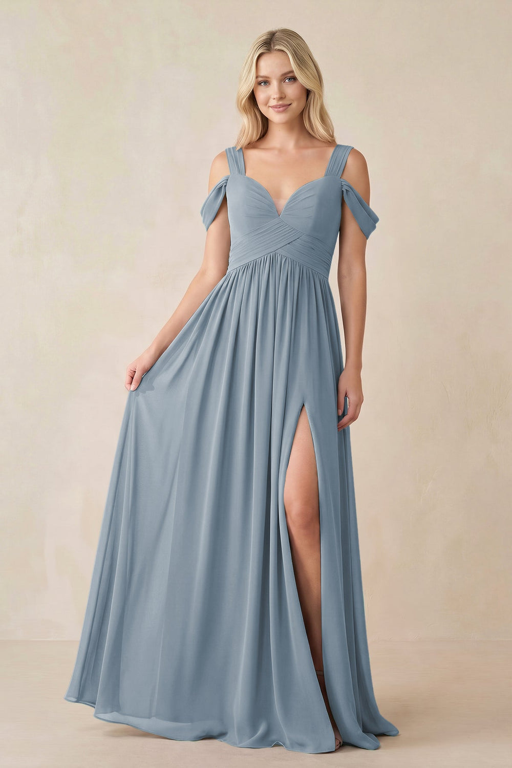 Chiffon A-Line Bridesmaid Dress with Slit in Dusty Blue