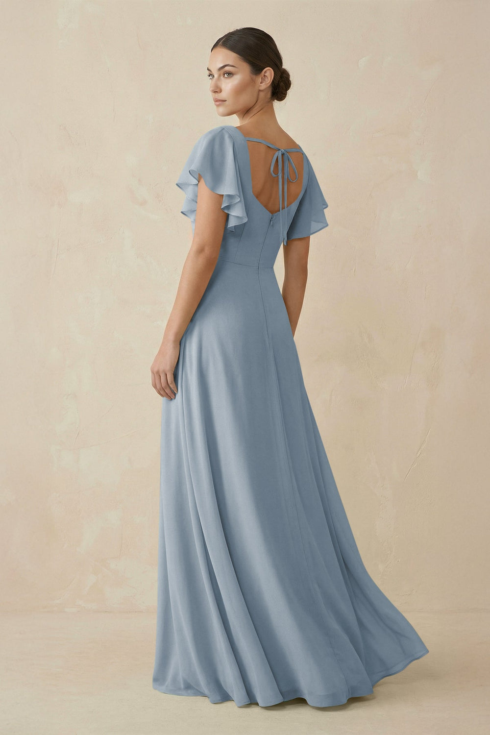 Chiffon A-Line Long Bridesmaid Dress with Flutter Sleeves in Dusty Blue