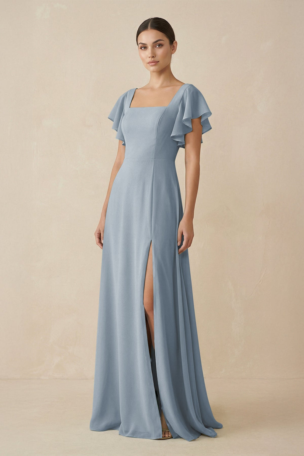 Chiffon A-Line Long Bridesmaid Dress with Flutter Sleeves in Dusty Blue