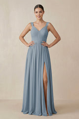 Dusty Blue Chiffon A-Line Pleated Bridesmaid Dress | KISSBRIDAL
