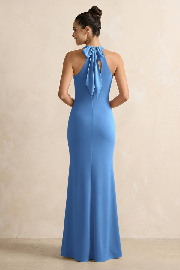 Dusty Blue Crisscross Halter Sheath Satin Bridesmaid Dress with Bow (2) | KISSBRIDAL