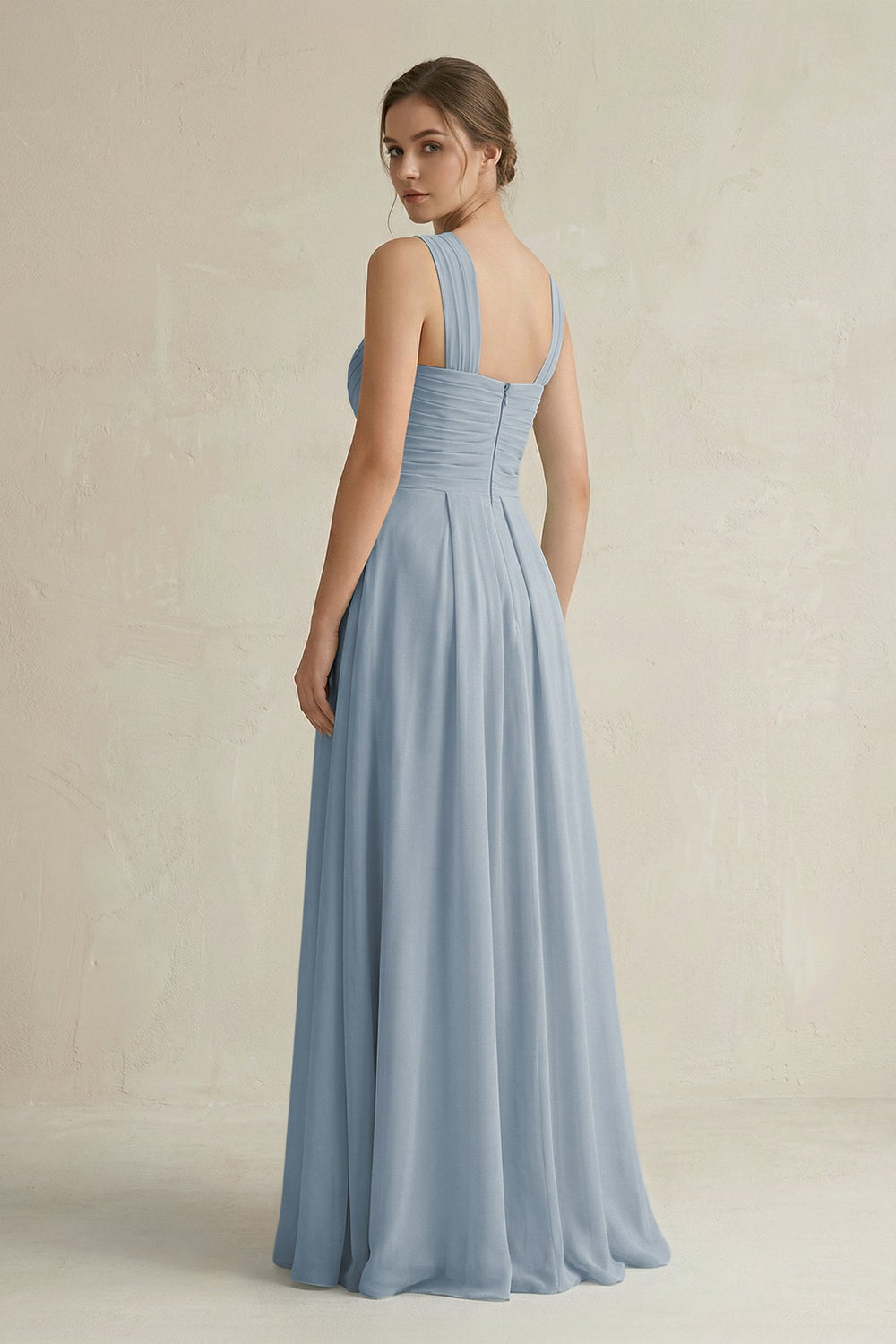 Cross Halter Chiffon A-Line Pleated Bridesmaid Dress in Dusty Blue