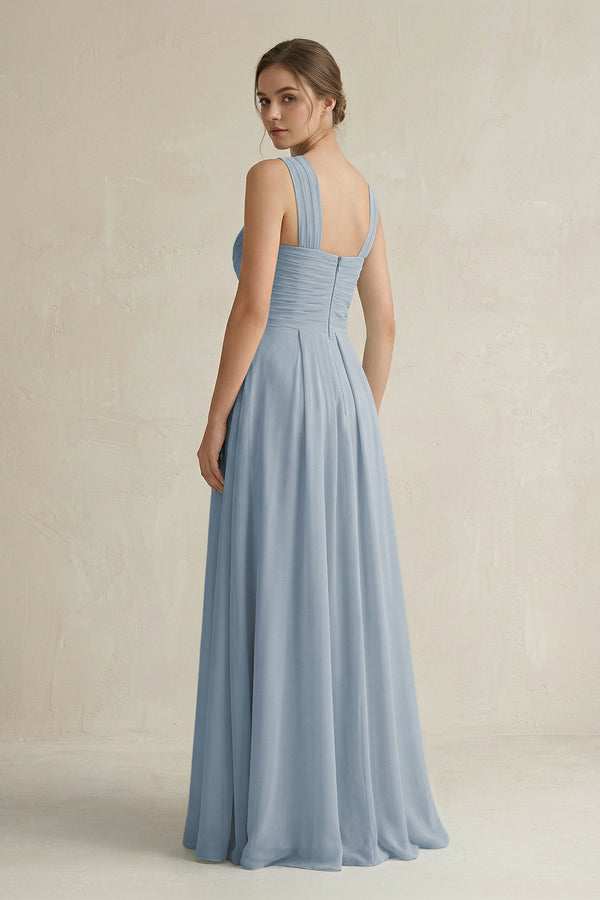 Dusty Blue Cross Halter Chiffon A-Line Pleated Bridesmaid Dress (2) | KISSBRIDAL