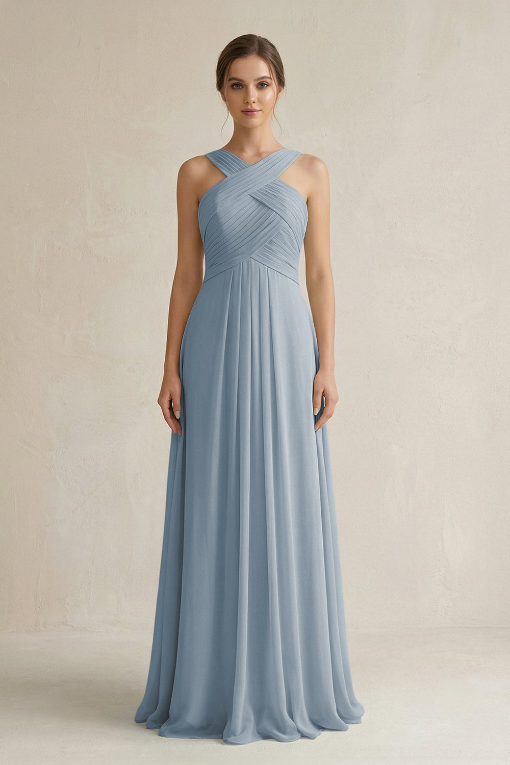 Cross Halter Chiffon A-Line Pleated Bridesmaid Dress in Dusty Blue